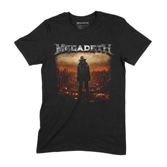 Official Megadeth Merchandise. 100% USA cotton, black unisex t-shirt with a light weight, slim fit. Featuring the Megadeth logo and a scarecrow man in a haunted pumpkin field.