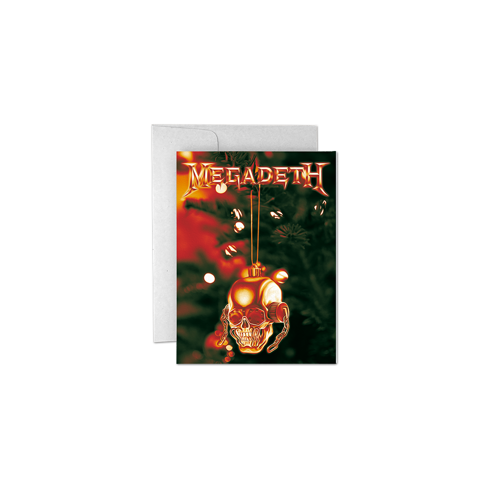 Official Megadeth Merchandise. 4.25" x 5.5" folded card with a digital printed Santa Vic ornament.