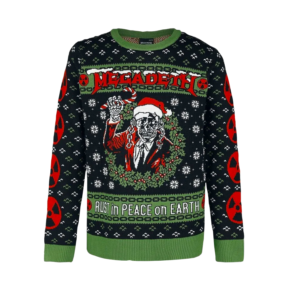Official Megadeth Merchandise. 100% acrylic custom knit sweater featuring Santa Vic inspired Rust in Peace album art.