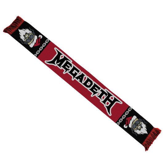 Official Megadeth Merchandise. 100% acrylic, custom knit scarf featuring the Megadeth logo and a Santa Vic chain design on either end.