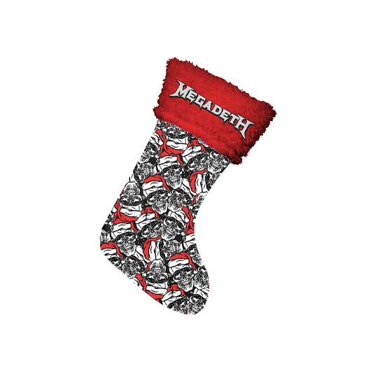 Official Megadeth Merchandise. Rock the mantel with this custom Megadeth stocking!!! Featuring plush red fur and a with a white logo embroidery atop an all over print Santa Vic stocking.