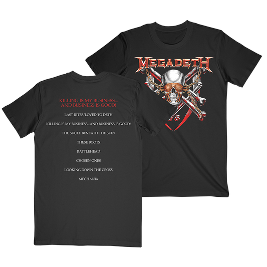 Official Megadeth Merchandise. 100% black cotton t-shirt featuring the Killing Is My Business... And Business Is Good album cover on the front and the album tracklist on the back.