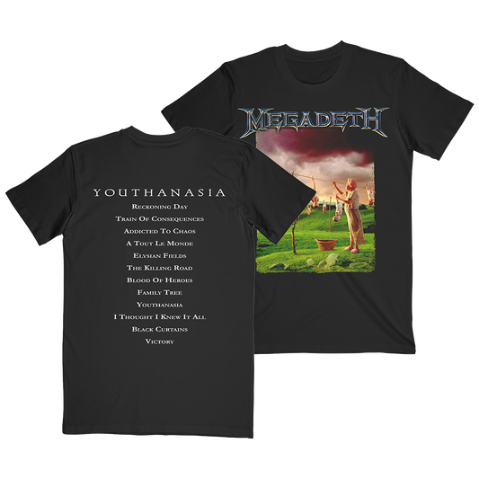 Official Megadeth Merchandise. 100% black cotton unisex long sleeve t-shirt featuring graphics inspired by Megadeth's sixth studio album Youthanasia and the album tracklist on the back.