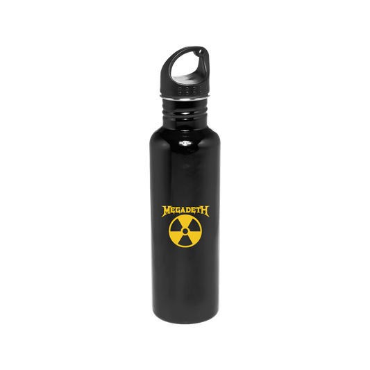 Official Megadeth Merchandise. 25oz black single wall stainless steel water bottle with a twist top featuring the Megadeth logo and the nuclear symbol.