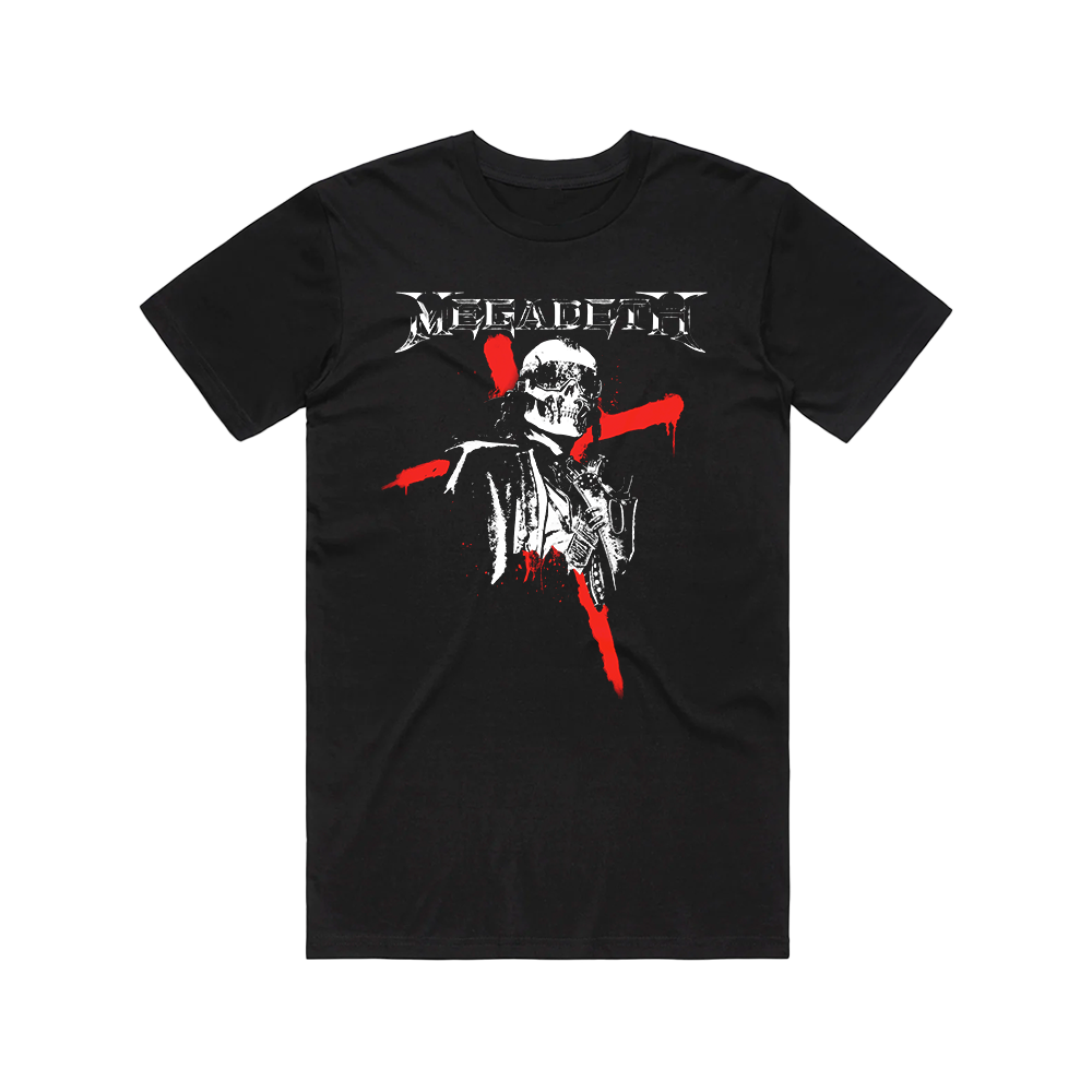 Official Megadeth Merchandise. 100% cotton unisex semi fitted t-shirt featuring a red and white print of Vic and the Megadeth logo
