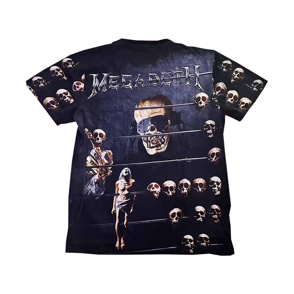Official Megadeth Merchandise. 100% cotton unisex t-shirt featuring and exact reprint of the original Countdown To Extinction All Over Print t-shirt.