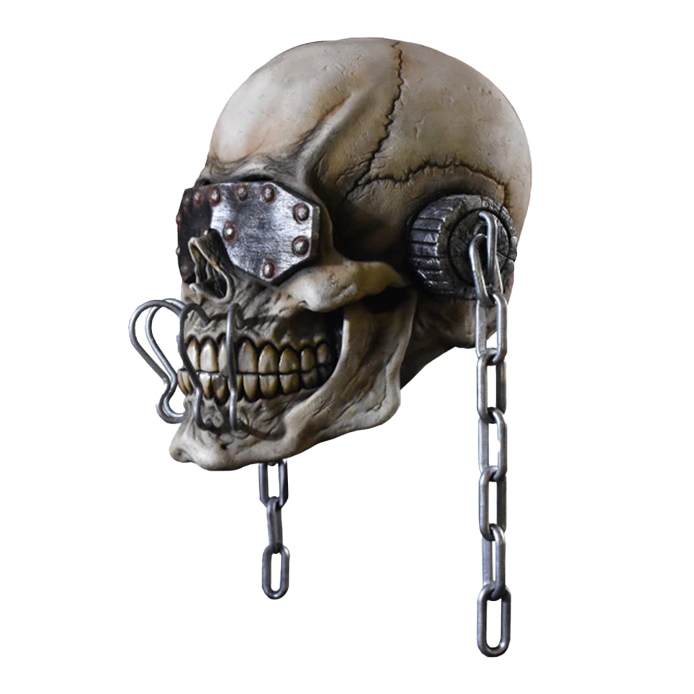 Cyberpunk-style human skull with metal attachments and chains.