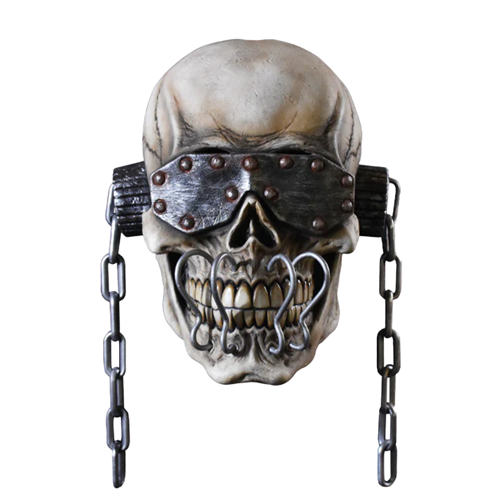 Stylized skull with metal eyepatch, chains, and decorative teeth modifications.