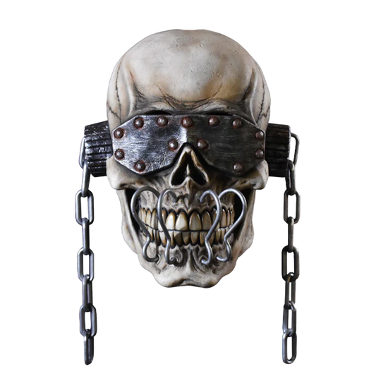 Stylized skull with metal eyepatch, chains, and decorative teeth modifications.