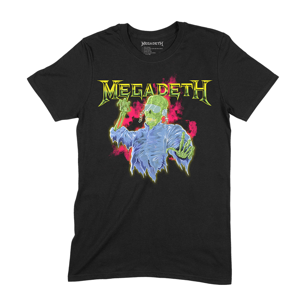 Official Megadeth Merchandise. 100% USA cotton, black unisex t-shirt with a light weight, slim fit. Featuring the Megadeth logo and a ghoulish, zombie Vic printed in bright neon and pastel colors.