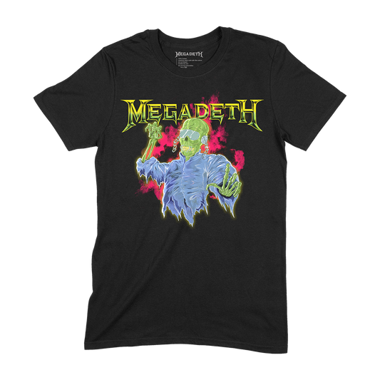 Official Megadeth Merchandise. 100% USA cotton, black unisex t-shirt with a light weight, slim fit. Featuring the Megadeth logo and a ghoulish, zombie Vic printed in bright neon and pastel colors.