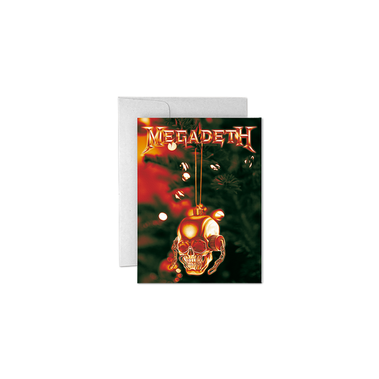 Official Megadeth Merchandise. 4.25" x 5.5" folded card with a digital printed Santa Vic ornament.