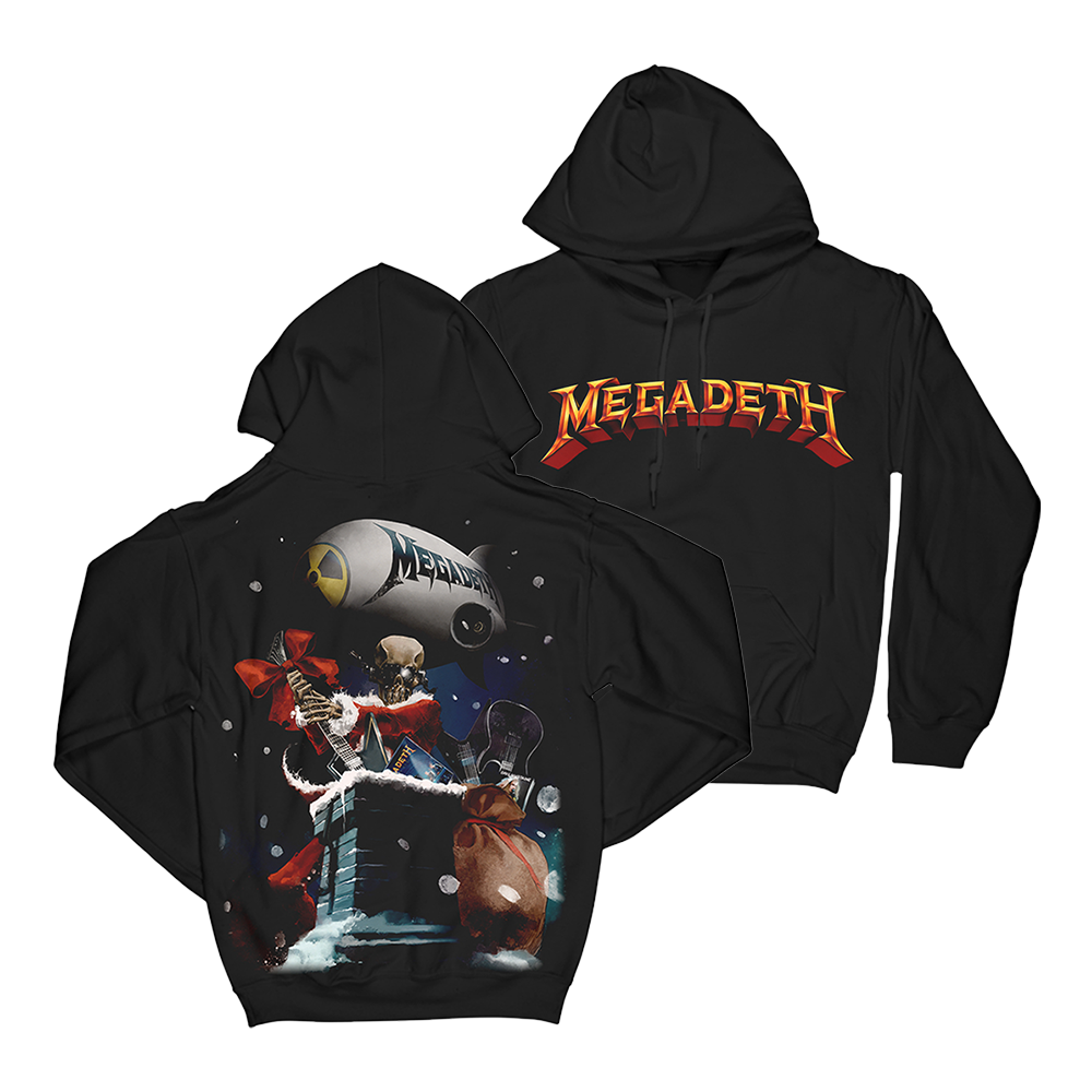 Official Megadeth Merchandise. Rock the holidays with this 100% cotton unisex pullover black hoodie!!! It features the Megadeth logo on the front and the back of the hoodie has a real life illustration of Santa Vic on a rooftop and a Megadeth blimp in the sky.