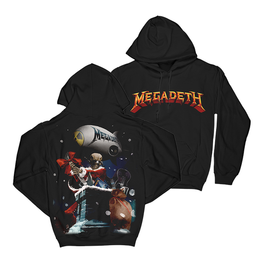 Official Megadeth Merchandise. Rock the holidays with this 100% cotton unisex pullover black hoodie!!! It features the Megadeth logo on the front and the back of the hoodie has a real life illustration of Santa Vic on a rooftop and a Megadeth blimp in the sky.