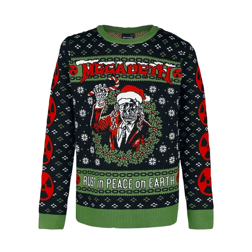 Official Megadeth Merchandise. 100% acrylic custom knit sweater featuring Santa Vic inspired Rust in Peace album art. 