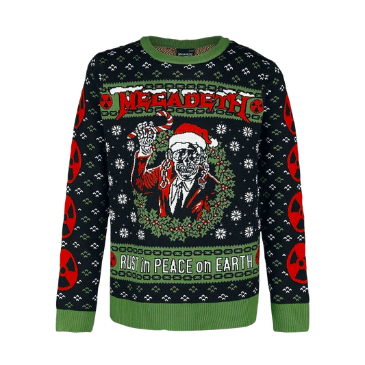 Official Megadeth Merchandise. 100% acrylic custom knit sweater featuring Santa Vic inspired Rust in Peace album art. 