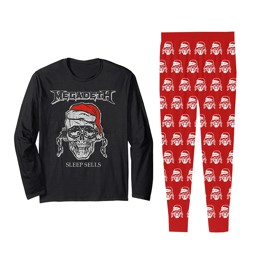 Official Megadeth Merchandise. 100% red cotton fleece pajama pants with an all over print Santa Vic photo pattern paired with a unisex cotton long sleeve t-shirt printed with Santa Vic and "sleep sells".