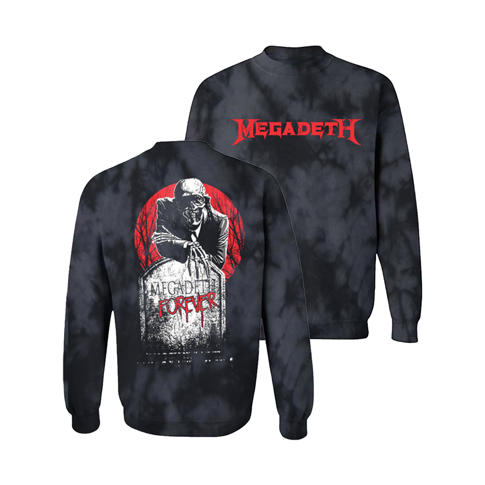 Official Megadeth Merchandise. Premium crystal wash cotton and polyester blend crewneck sweat shirt. Featuring a red Megadeth logo on the front and Vic arching over a tombstone on the back.