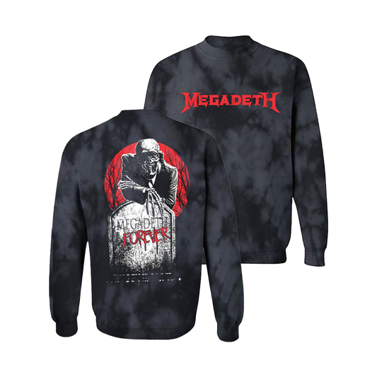 Official Megadeth Merchandise. Premium crystal wash cotton and polyester blend crewneck sweat shirt. Featuring a red Megadeth logo on the front and Vic arching over a tombstone on the back.