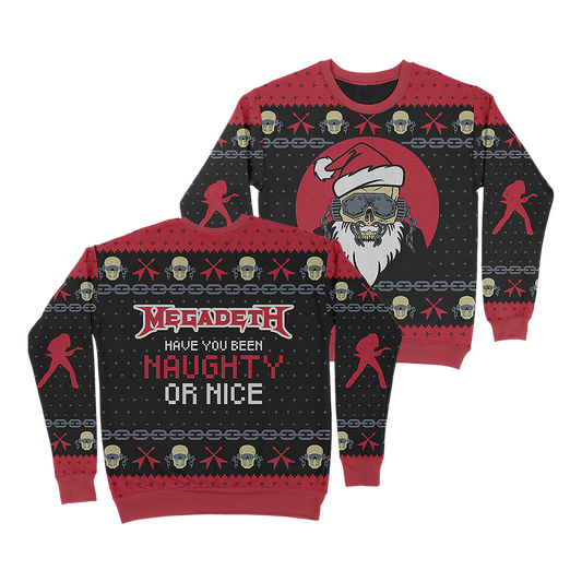 Official Megadeth Merchandise. 100% acrylic, custom knit sweater featuring a Santa Vic chain design and the words "Have You Been Naughty or Nice" on the back.