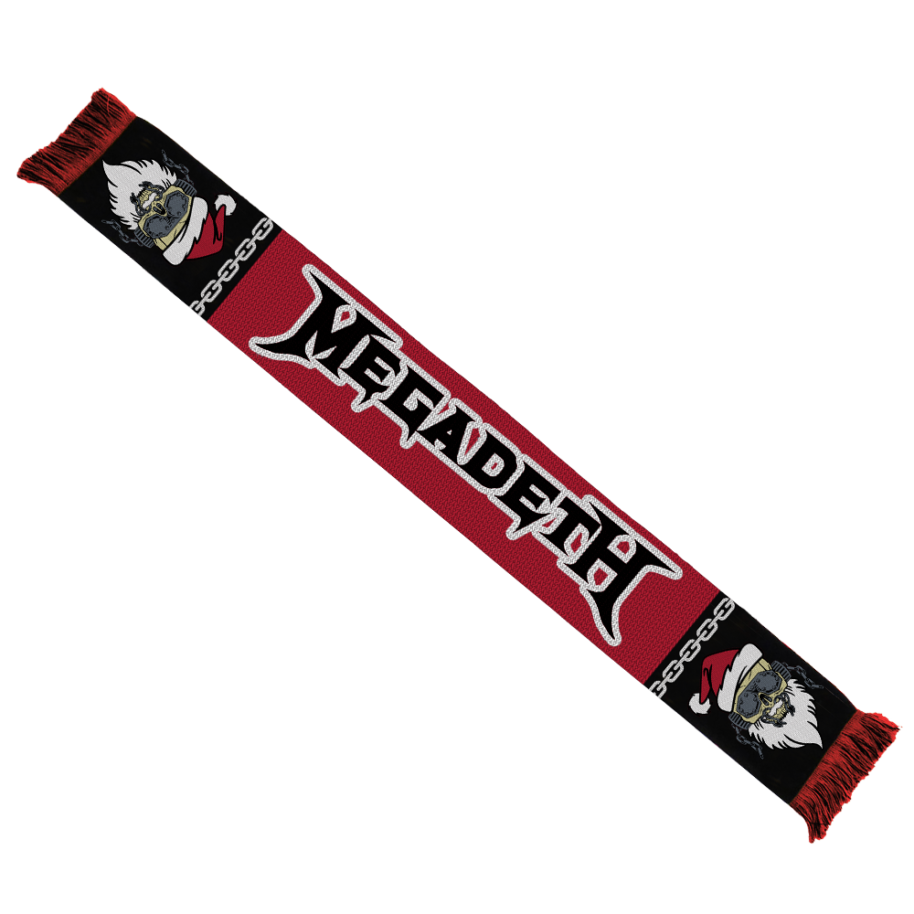 Official Megadeth Merchandise. 100% acrylic, custom knit scarf featuring the Megadeth logo and a Santa Vic chain design on either end.