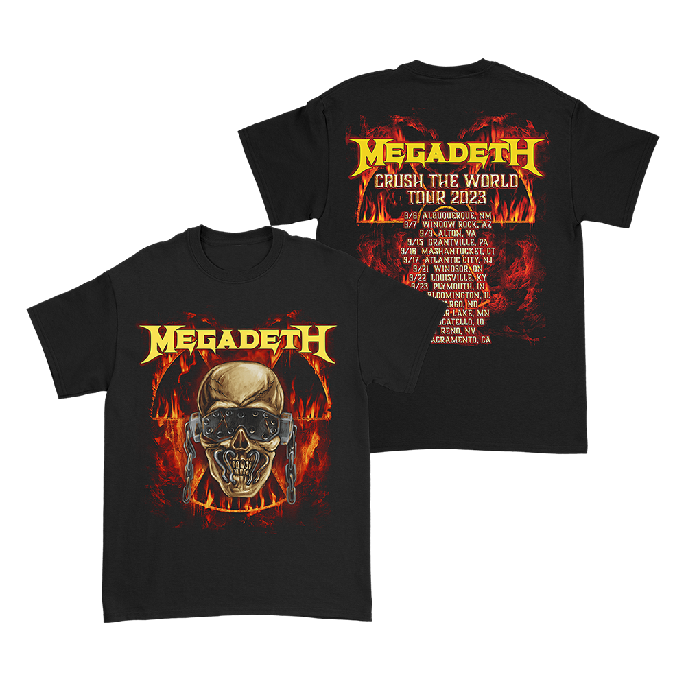 Official Megadeth Merchandise. 100% black cotton t-shirt featuring Vic's head in flames on the front and the USA fall 2023 tour dates on the back.