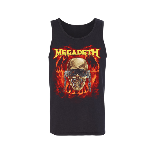Official Megadeth Merchandise. 100% cotton unisex tank top with a classic fit. Featuring Vic's head floating in flames and a yellow Megadeth logo.
