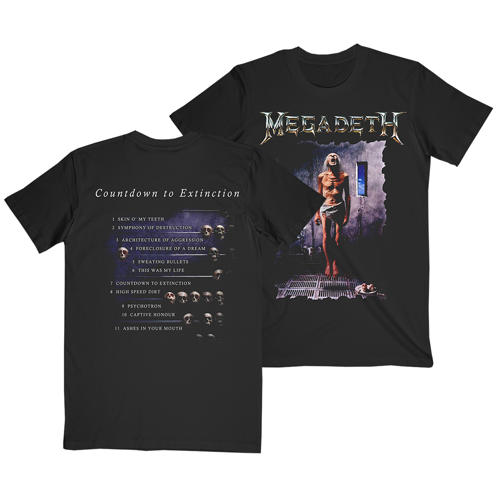 Official Megadeth Merchandise. 100% cotton unisex t-shirt featuring graphics inspired by Megadeth's fifth studio album Countdown To Extinction and the album tracklist on the back.