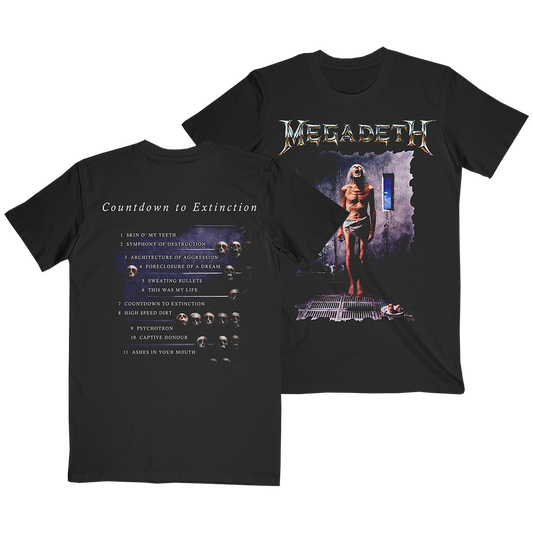 Official Megadeth Merchandise. 100% cotton unisex t-shirt featuring graphics inspired by Megadeth's fifth studio album Countdown To Extinction and the album tracklist on the back.