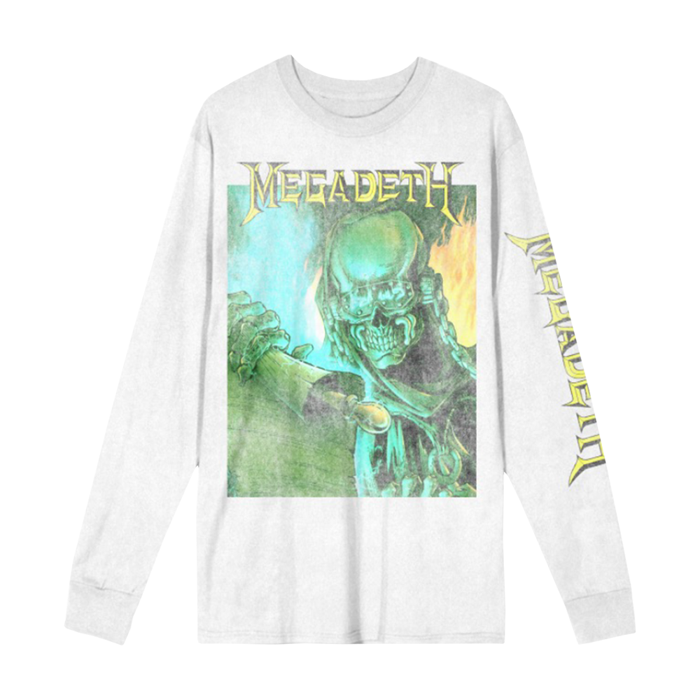 Official Megadeth Merchandise. 100% off white cotton long sleeve t-shirts featuring a blue and yellow photo of Vic reading a scroll with a yellow Megadeth logo.