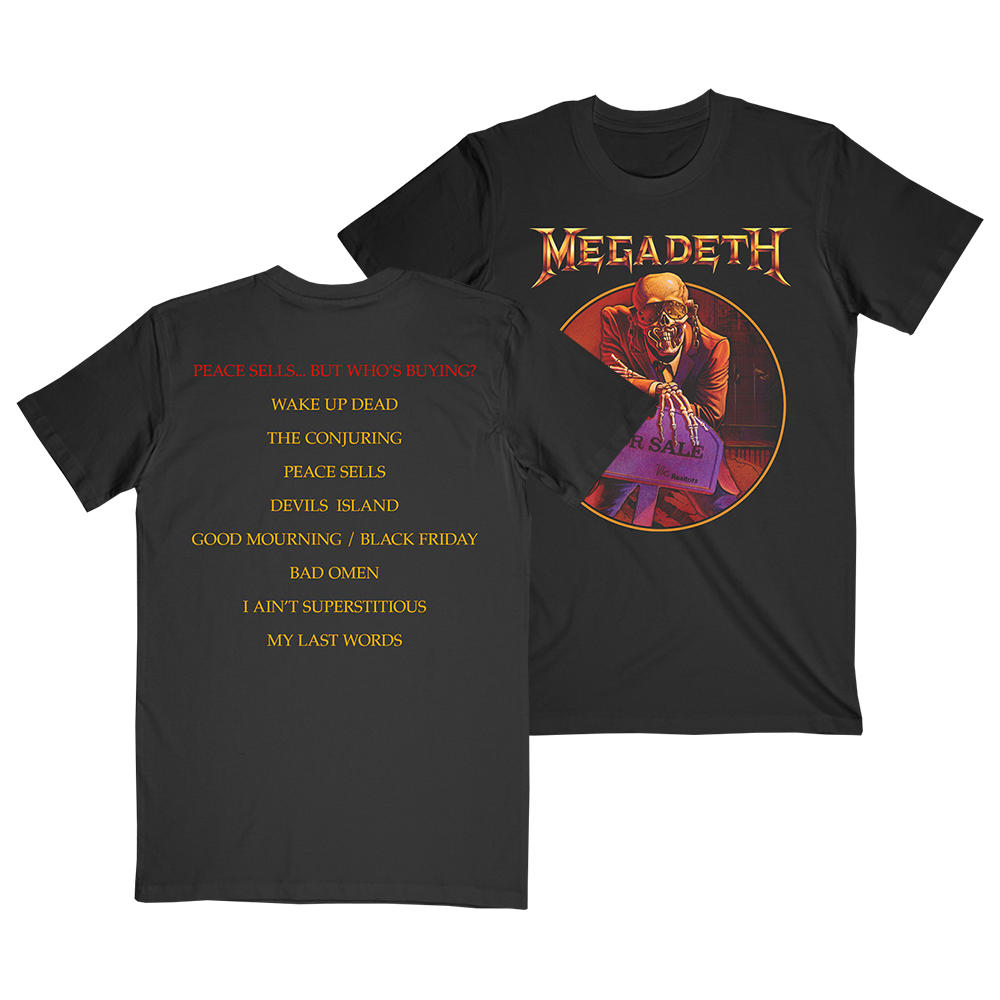 Official Megadeth Merchandise. 100% black cotton unisex semi fitted t-shirt featuring graphics inspired by Megadeth's second studio album Peace Sells... but Who's Buying? on the front and the album tracklist on the back.
