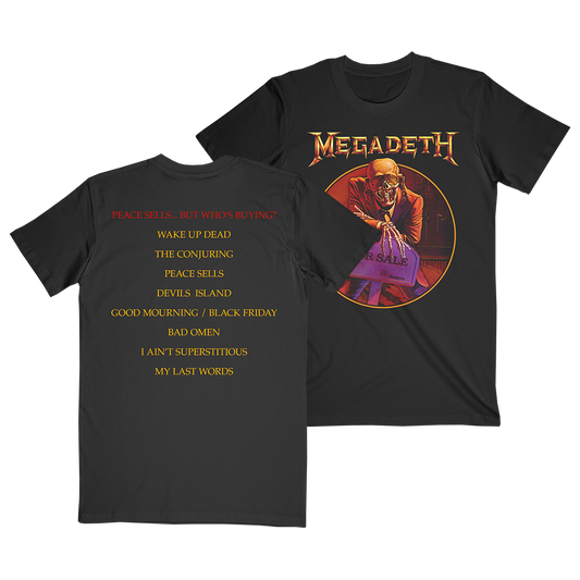 Official Megadeth Merchandise. 100% black cotton unisex semi fitted t-shirt featuring graphics inspired by Megadeth's second studio album Peace Sells... but Who's Buying? on the front and the album tracklist on the back.