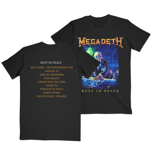 Official Megadeth Merchandise. 100% black cotton t-shirt with the Rust In Peace album art printed on the front and the album tracklist printed on the back.