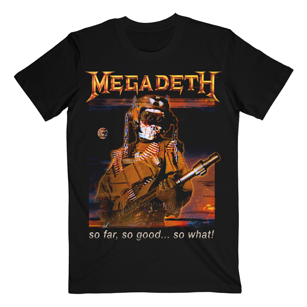 Official Megadeth Merchandise. 100% black cotton unisex t-shirt featuring graphics inspired by Megadeth's third studio album So Far, So Good... So What.