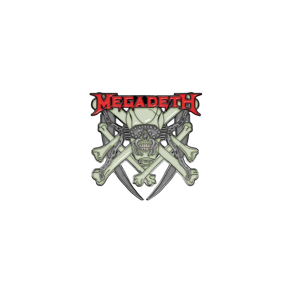 Official Megadeth Merchandise. 1.5" wide grey and green glow in the dark enamel pin featuring a red Megadeth logo and Vic.