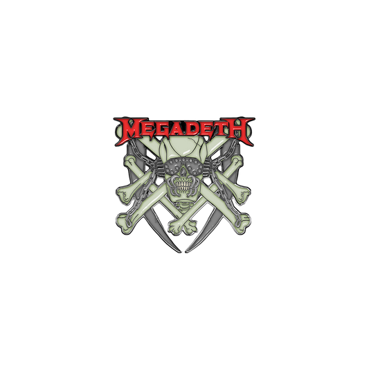 Official Megadeth Merchandise. 1.5" wide grey and green glow in the dark enamel pin featuring a red Megadeth logo and Vic.