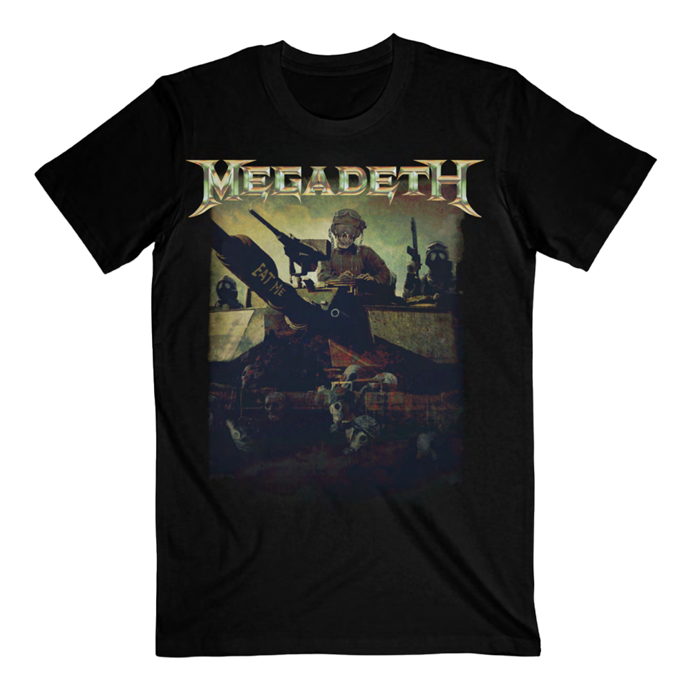 Official Megadeth Merchandise. 100% black cotton unisex long sleeve t-shirt featuring Vic in a tank.