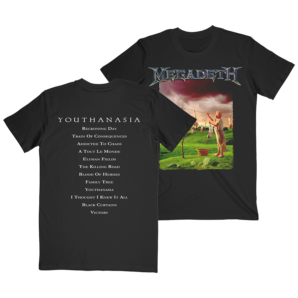 Official Megadeth Merchandise. 100% black cotton unisex long sleeve t-shirt featuring graphics inspired by Megadeth's sixth studio album Youthanasia and the album tracklist on the back.