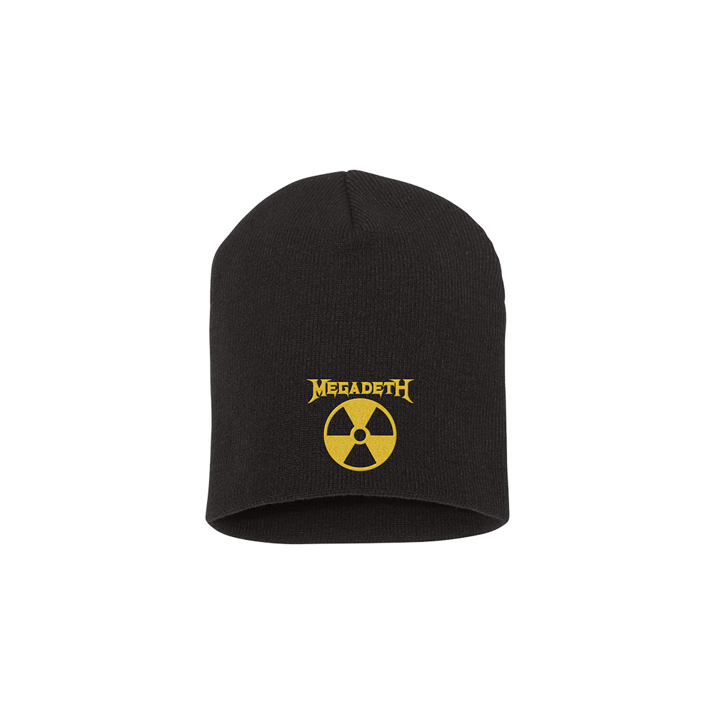 Official Megadeth Merchandise. 100% hypoallergenic acrylic beanie with a yellow, embroidered Megadeth logo and nuclear symbol.