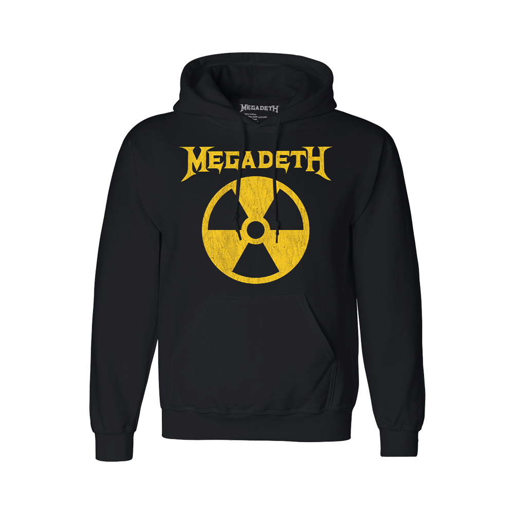 Official Megadeth Merchandise. 100% cotton unisex pullover hoodie with a 80% cotton / 20% polyester blended lining. This black pullover hoodie features the yellow Megadeth nuclear symbol logo printed on the front.uctions: Wash with like colors and in cold water. Hang dry recommended.