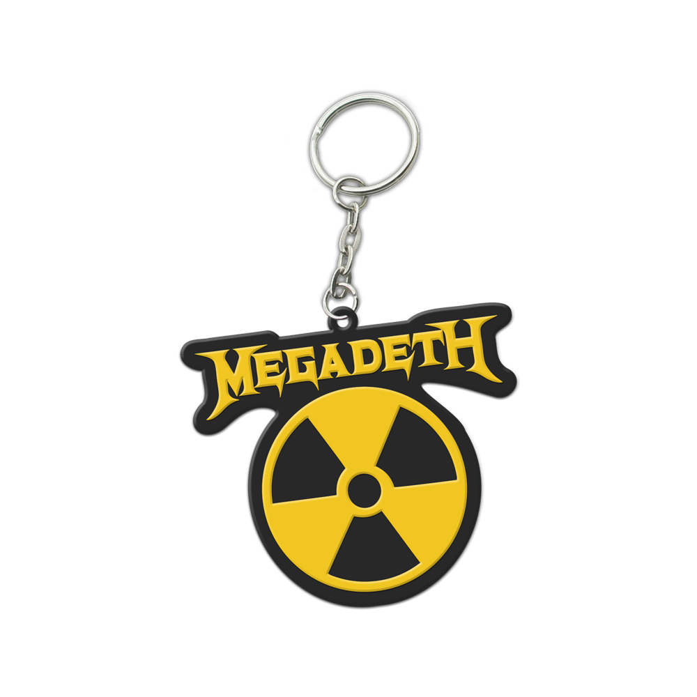 Official Megadeth Merchandise. 2.5" wide yellow and black rubber keychain featuring the Megadeth logo and the nuclear symbol logo.