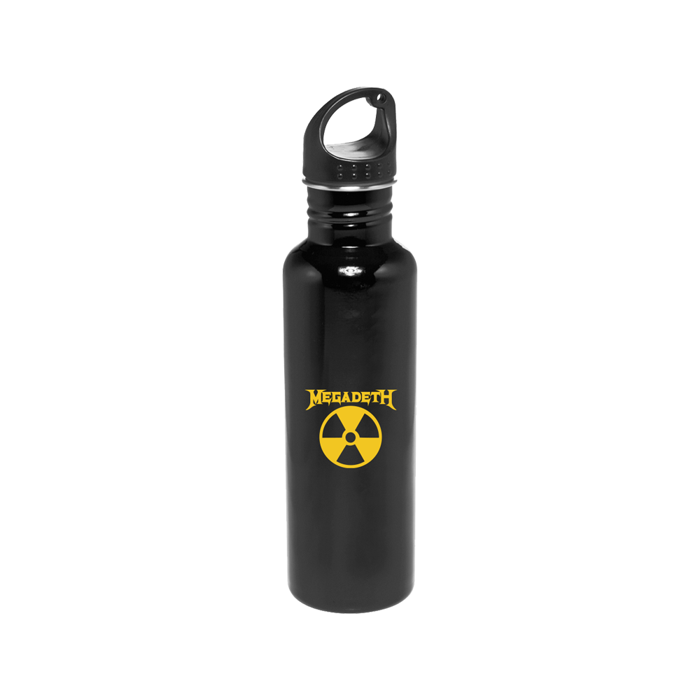 Official Megadeth Merchandise. 25oz black single wall stainless steel water bottle with a twist top featuring the Megadeth logo and the nuclear symbol.