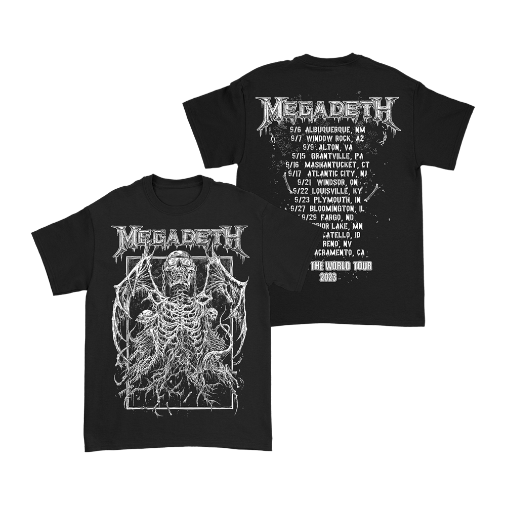 Official Megadeth Merchandise. This black 100% cotton t-shirt features the Vic rising art on the front printed in white and the fall USA 2023 tour dates on the back.