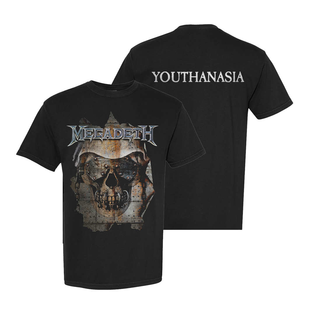 Official Megadeth Merchandise. 100% cotton, black t-shirt featuring a distressed print of Vic on the front and the Youthanasia album title on the back.