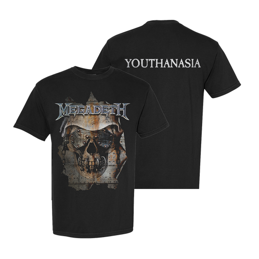 Official Megadeth Merchandise. 100% cotton, black t-shirt featuring a distressed print of Vic on the front and the Youthanasia album title on the back.